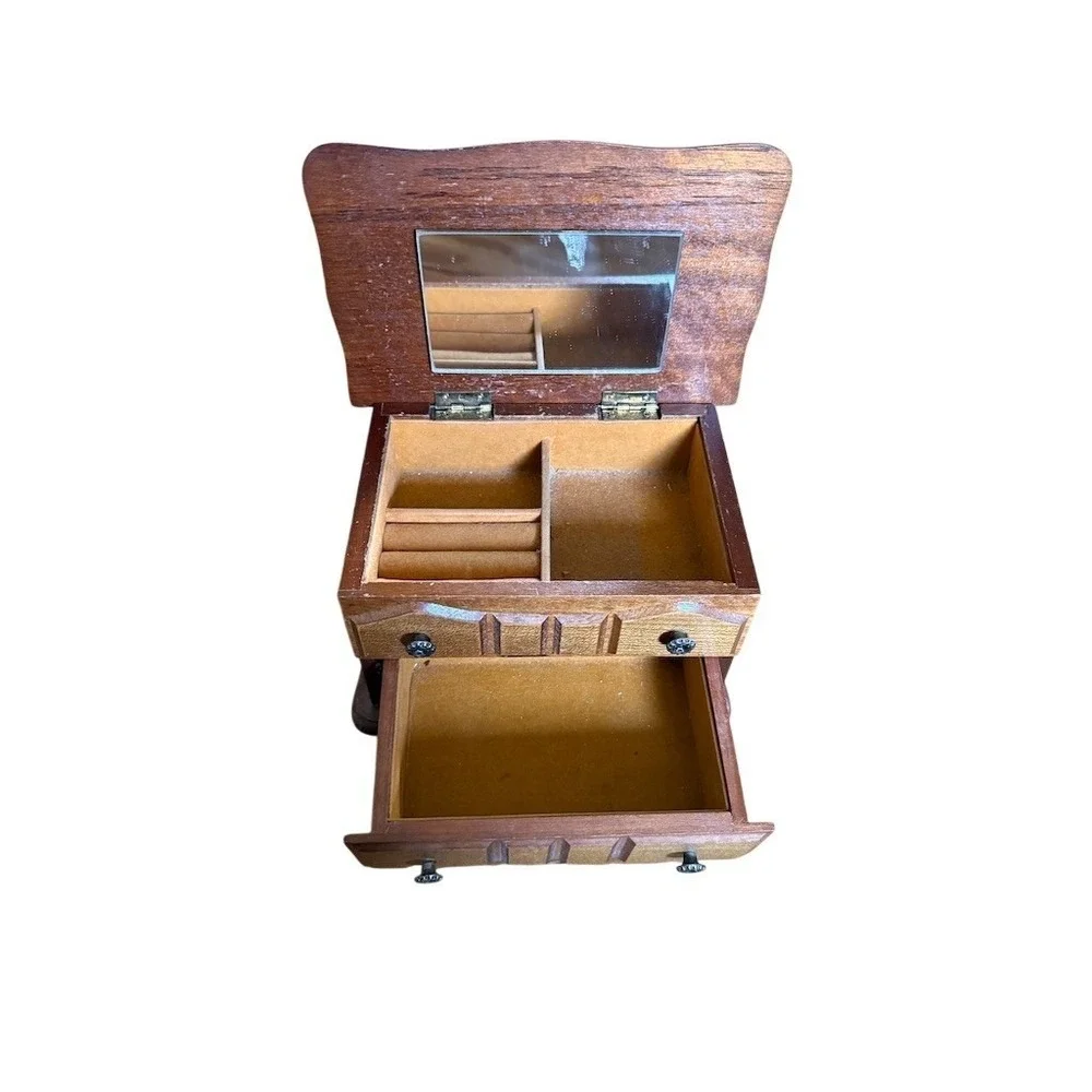Wood Jewelry Box Mini Chest Brown Mirror Lid 2‎ Drawers Ring Organizer
